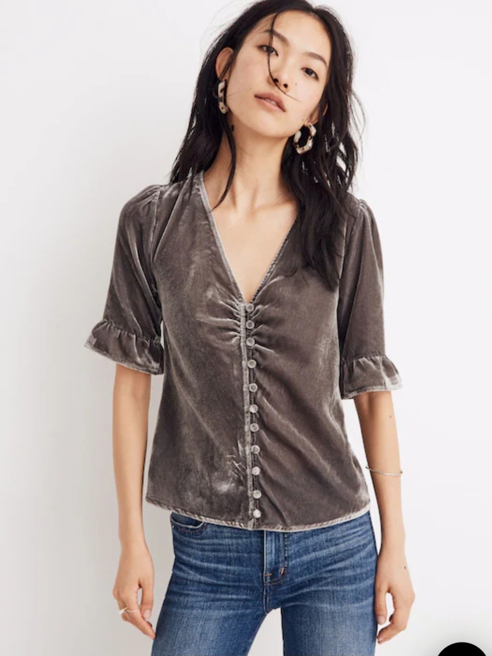 Madewell Velvet Button-Front V-Neck Blouse in Charcoal Gray